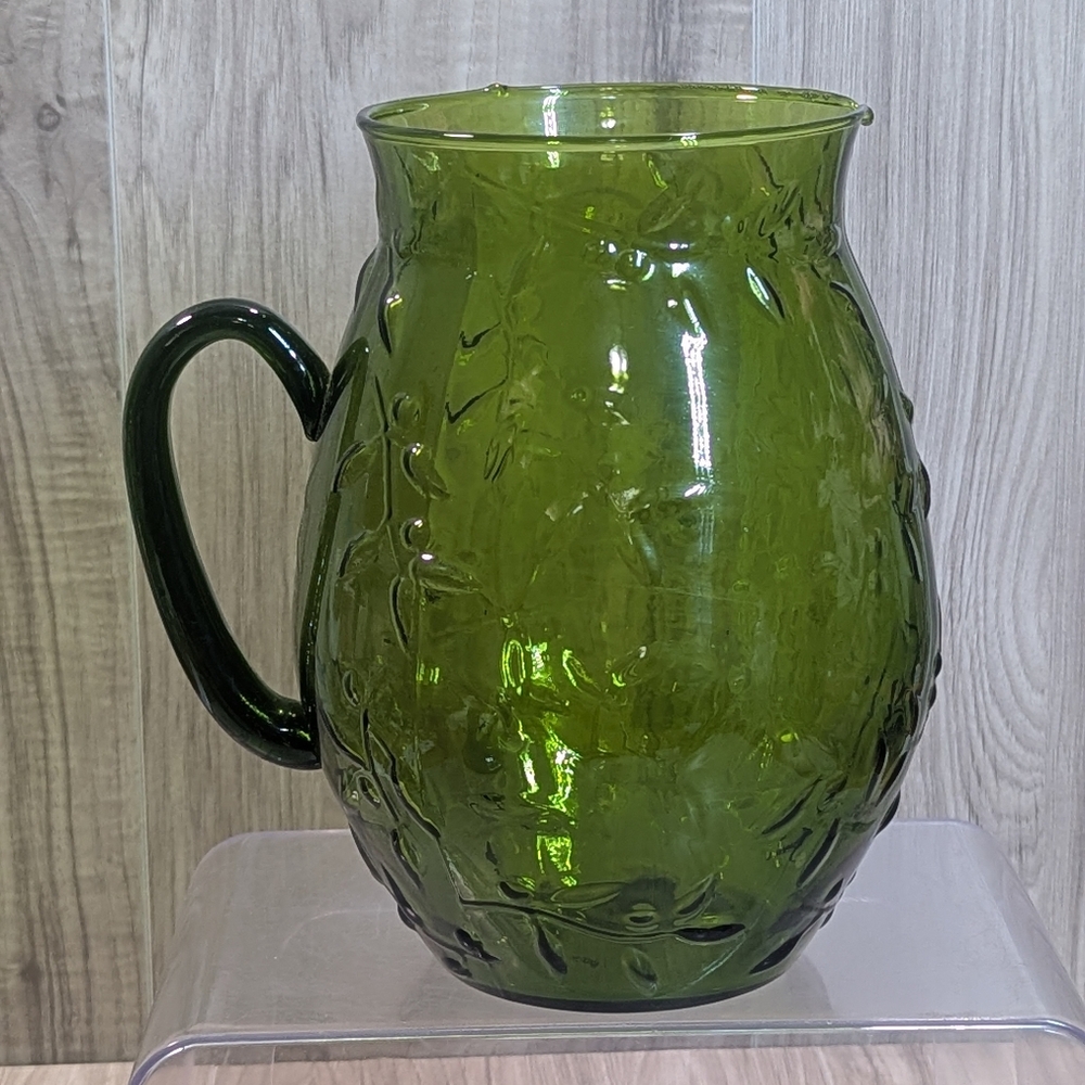 Vintage IVV ITALY Heavy Mouth-Blown Crystal Glass Pitcher Emerald Green Embossed